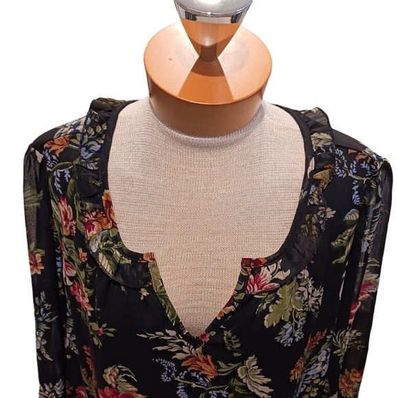 Tamara H Womens Blouse 2X Black Floral Ruffled Neckline Sheer 3/4 Sleeve Spring - Picture 3 of 7